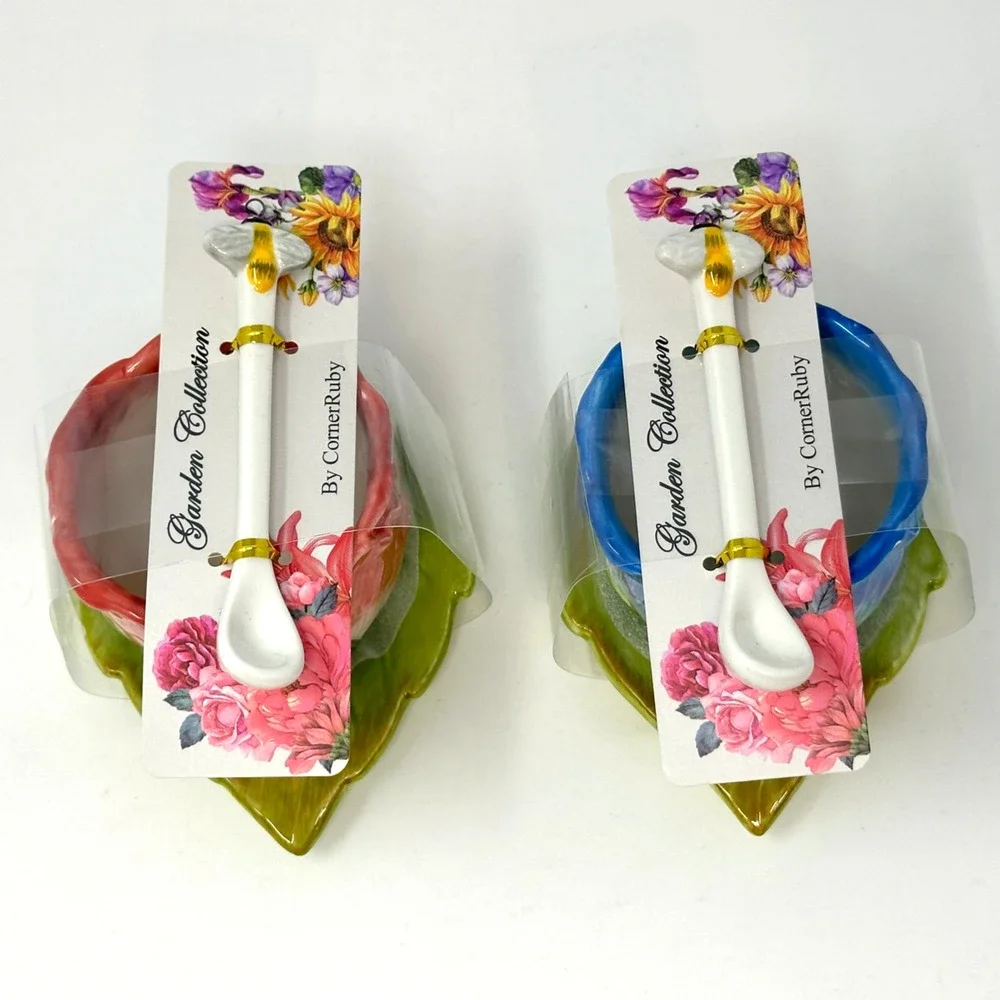 Set of 2 CornerRuby Garden Collection Teacups + Saucer Spoon Blue Red New *Read